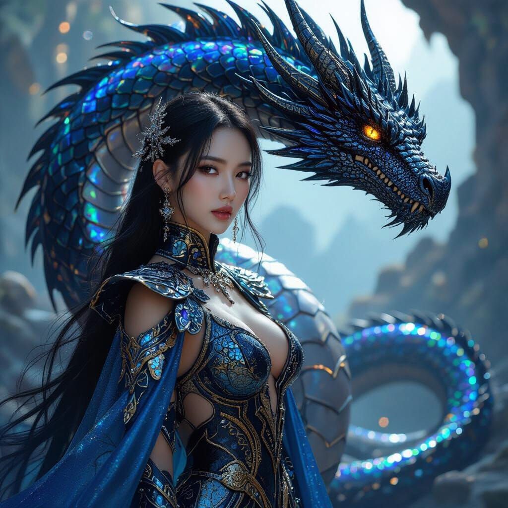 K-Pop Idol and Hydra Dragon in Blue Gold and Silver