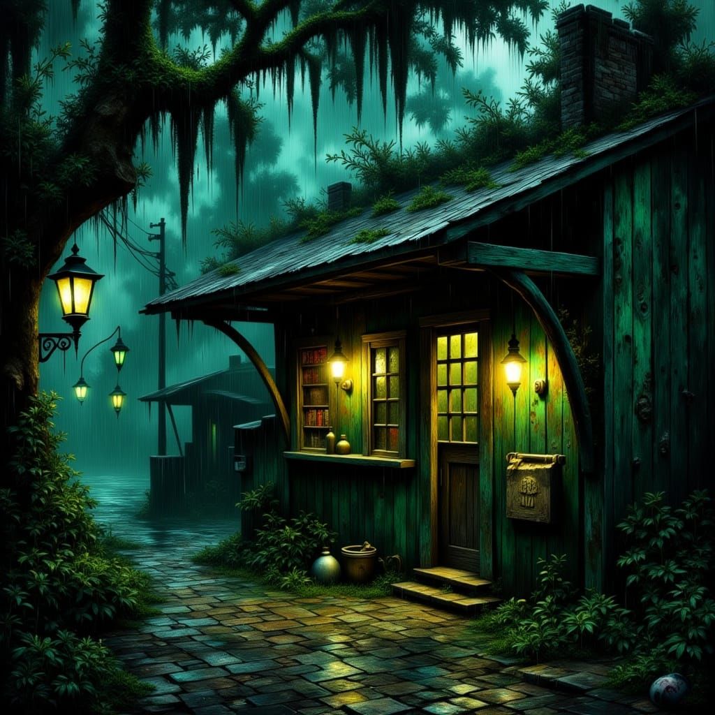Dark Swamp Tavern Under Rainy New Orleans Alleyway