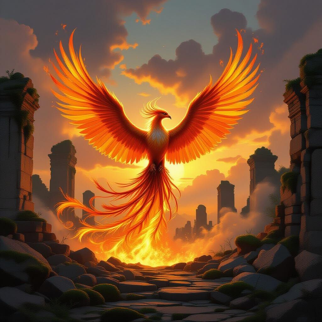 Majestic Phoenix Rises From Ancient Ruins in Golden Sunset