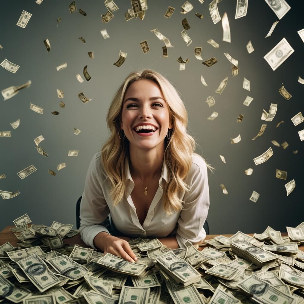 Happy Blonde Woman with Money: Cinematic Film Still