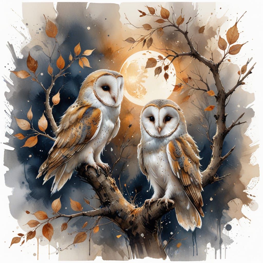 Barn Owl Courtship in Moonlit Orchard, Watercolour Art
