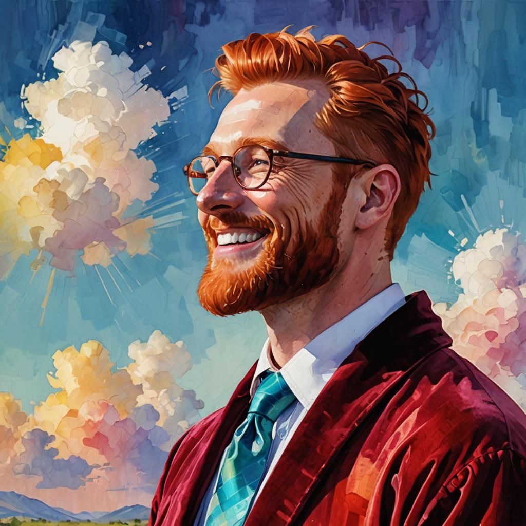 Friendly Ginger Man in Rainbow Velvet Robe