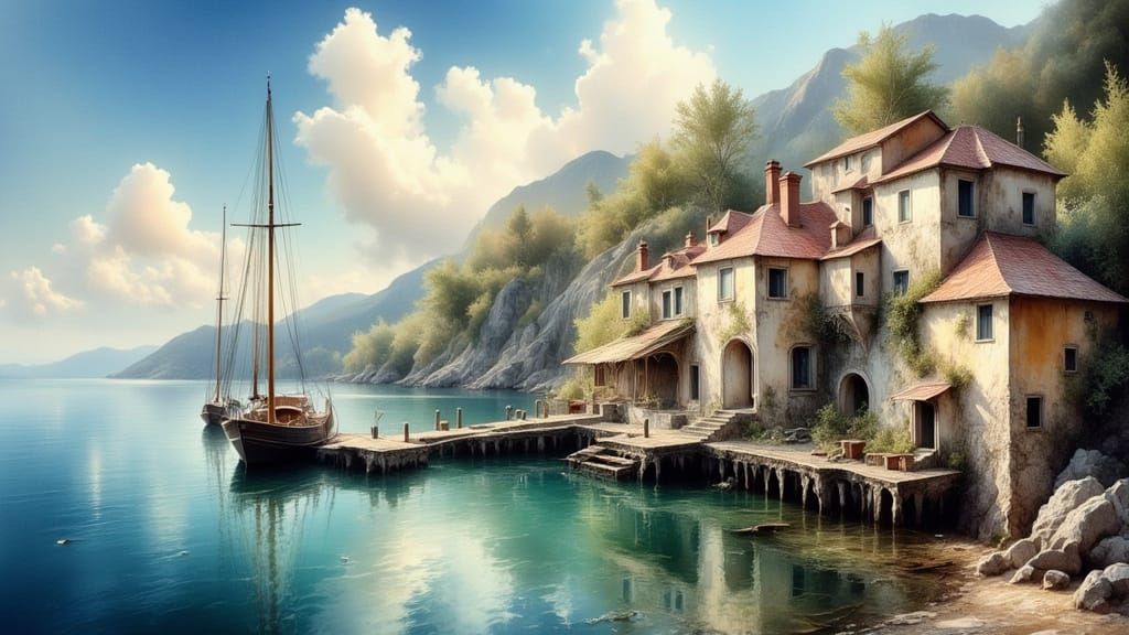 Coastal Village in Renaissance Painting Style