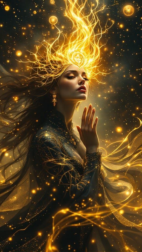 Majestic Celestial Goddess in Liquid Gold