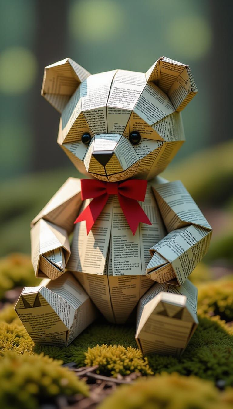 Origami Newspaper Bear on Mossy Ground