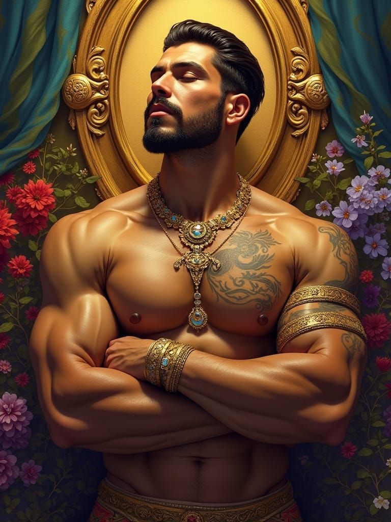 Serene Muscular Man Adorned in Gold with Colorful Flowers