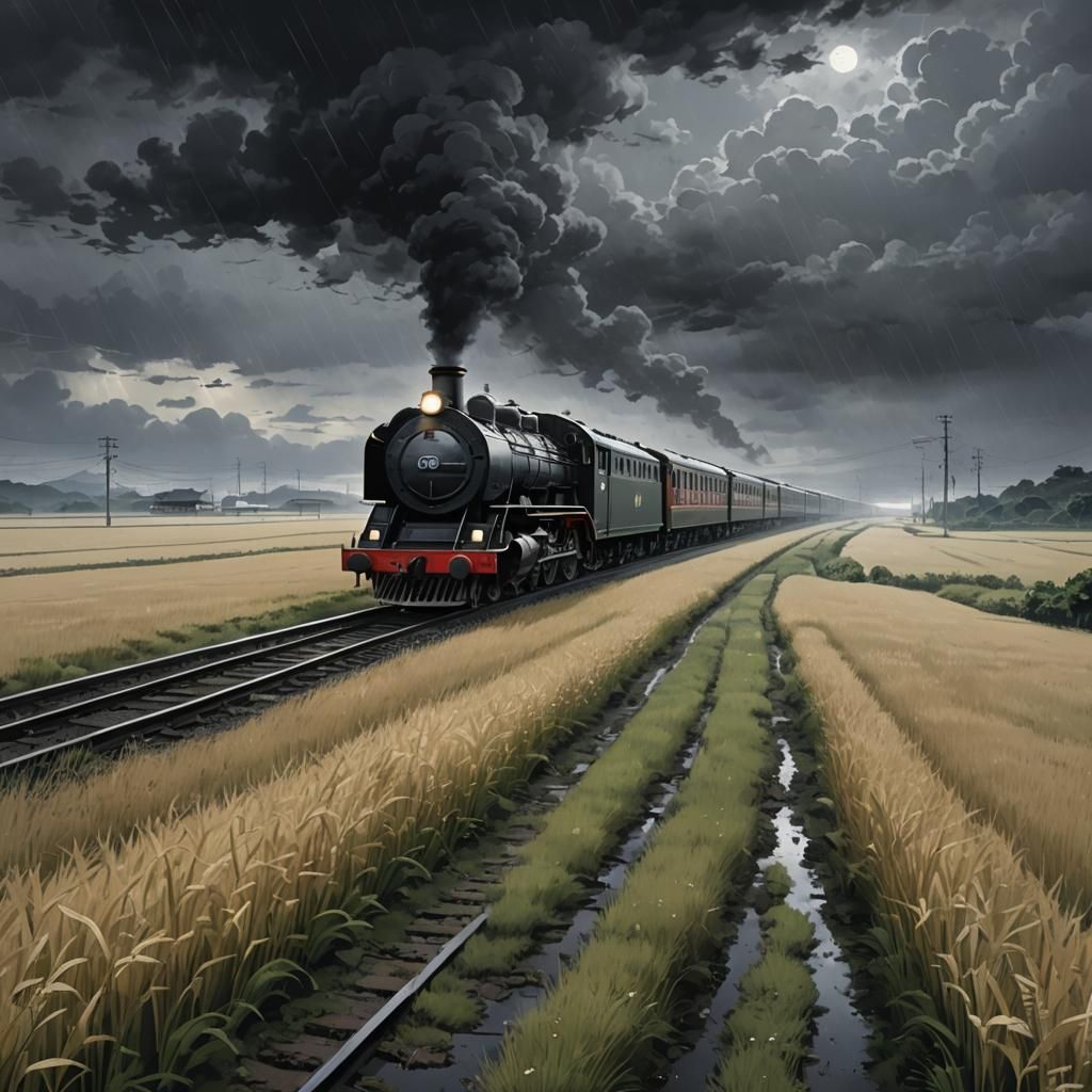 Lonely Train in Gloomy Anime Night