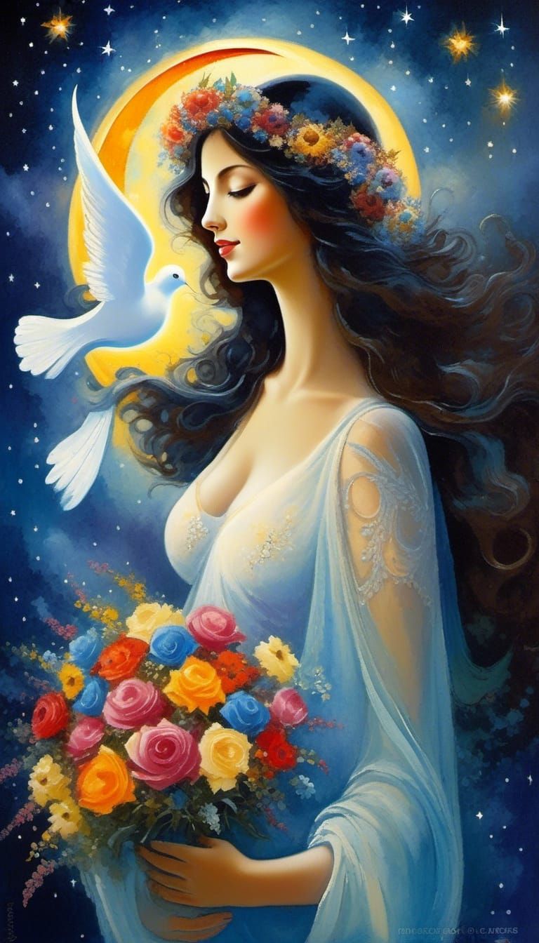 Pregnant Woman in Dreamlike Bioluminescent Starry Scene