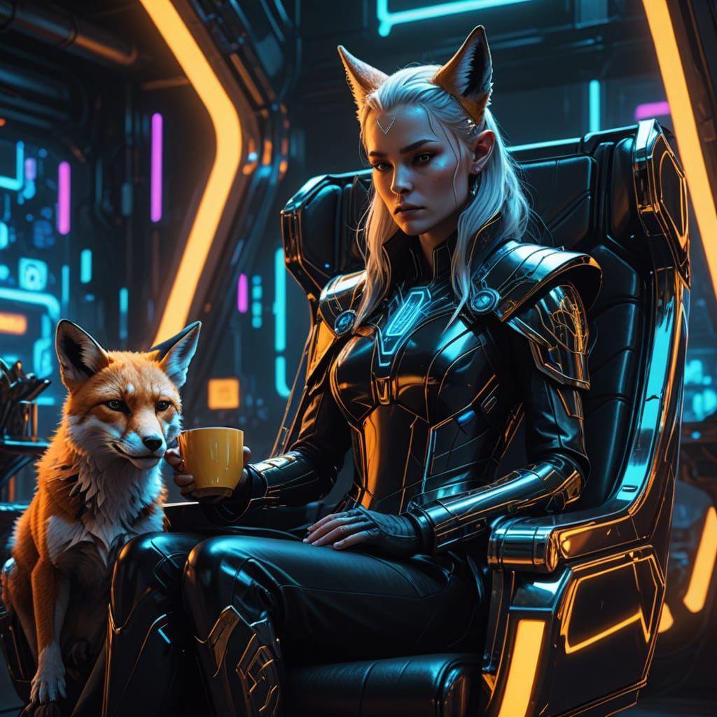 Elven Queen Sipping Tea in Cyberpunk Style