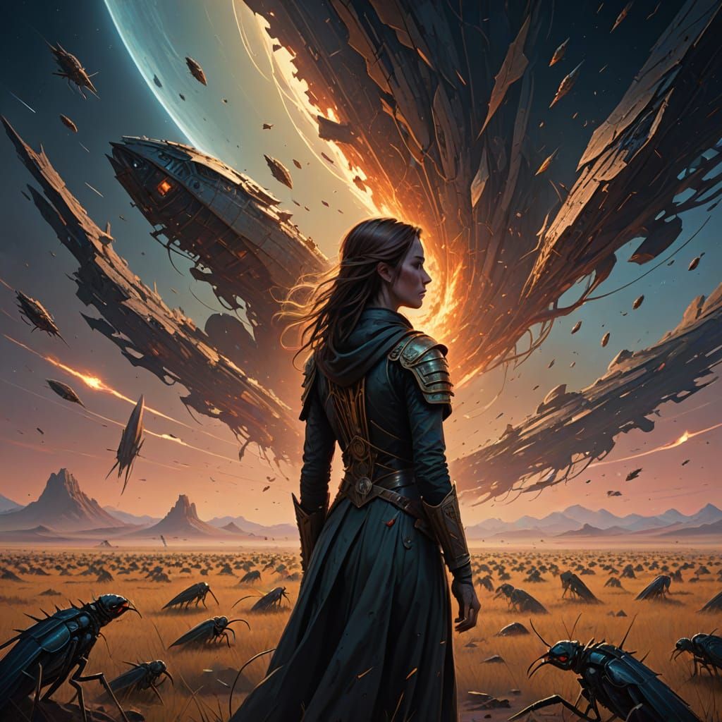 Lone Woman on Windswept Plain with Cosmic Energy and Locusts