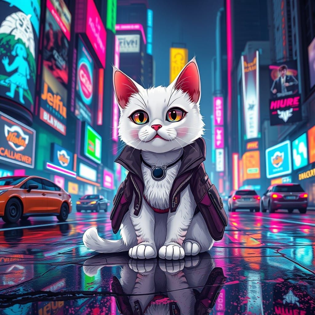 Cyberpunk Cat in Futuristic Cityscape