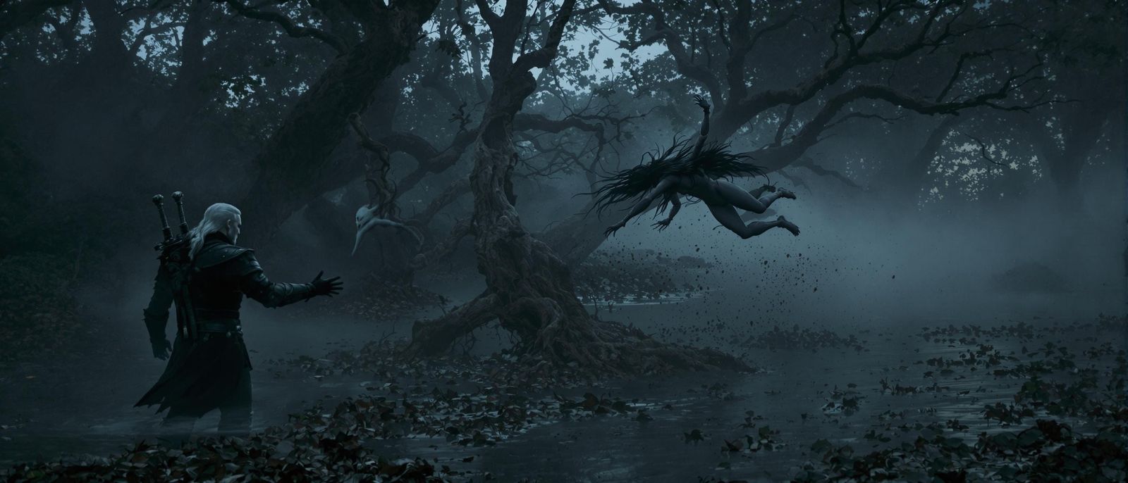 Geralt Casts Aard Sign in Foggy Swamp