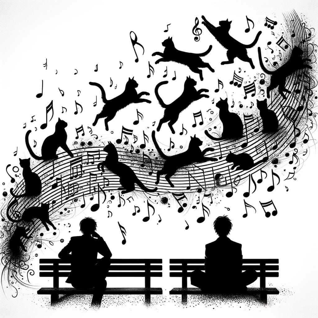 Whimsical Cats Transform from Musical Notes in Black and Whi...