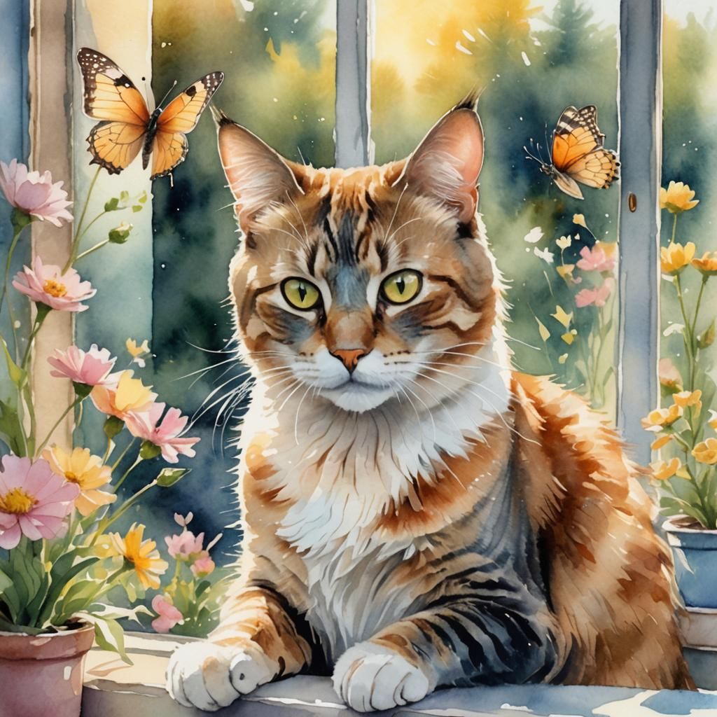 Watercolor Cat with Butterfly Wings Portrait