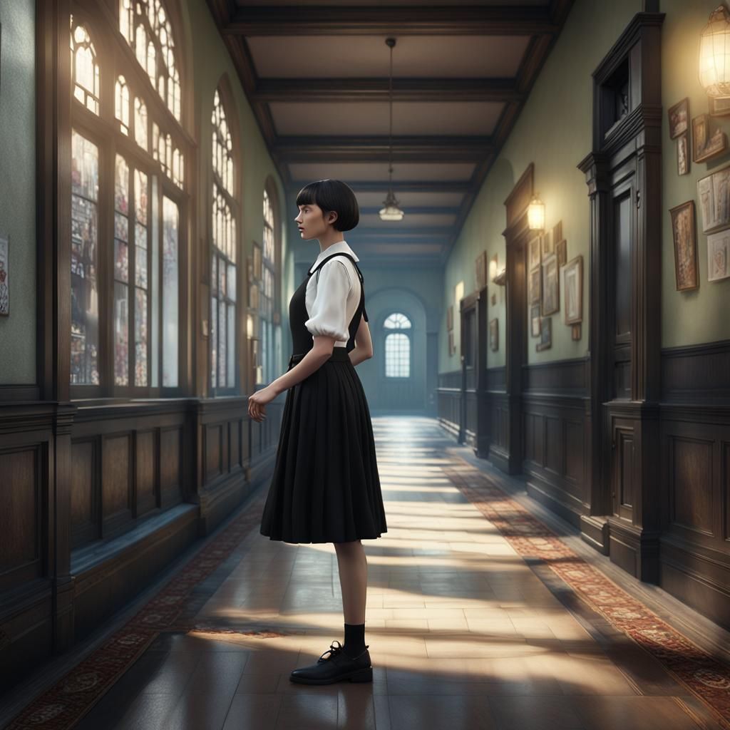Young Woman in School Corridor: Detailed Matte Painting