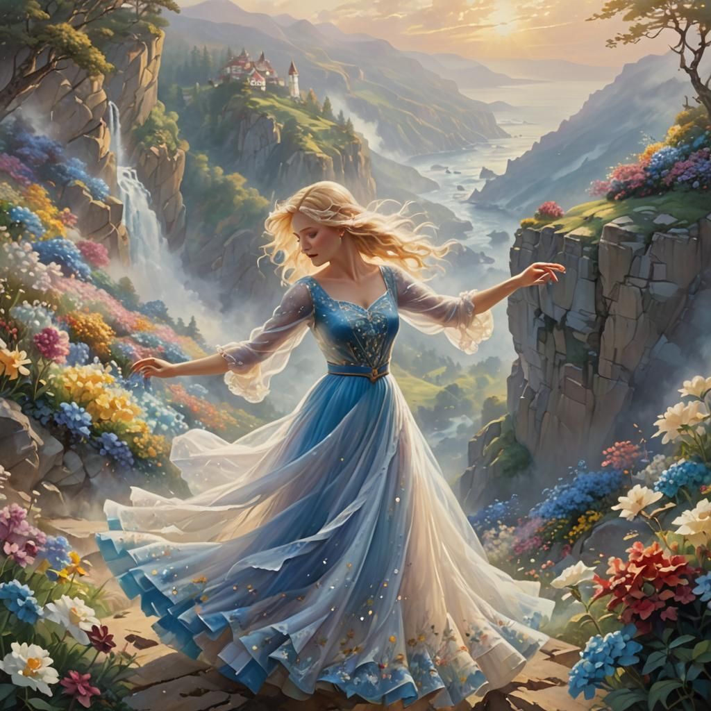 Ethereal Woman Twirling in Mystical, Impressionistic Landsca...