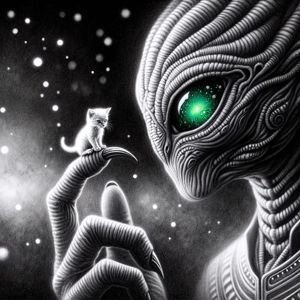 Ethereal Creature Examines Tiny Kitten in Whimsical Pencil D...