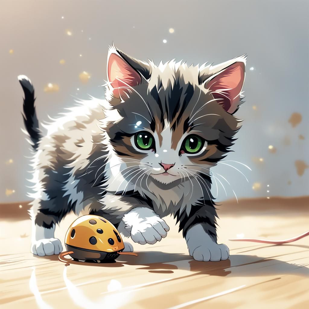 Cute Kitten Plays with Mouse in Anime Style