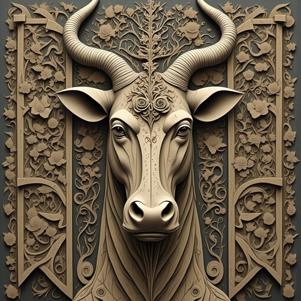 Detailed Colored Wood Carving as Gouache Painting