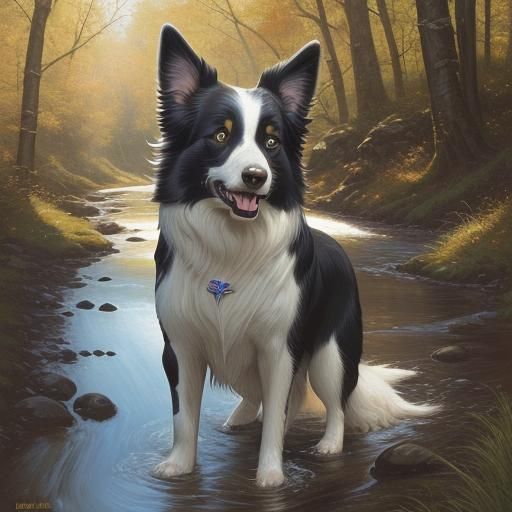 Happy Border Collie by Stream: Impasto Painting
