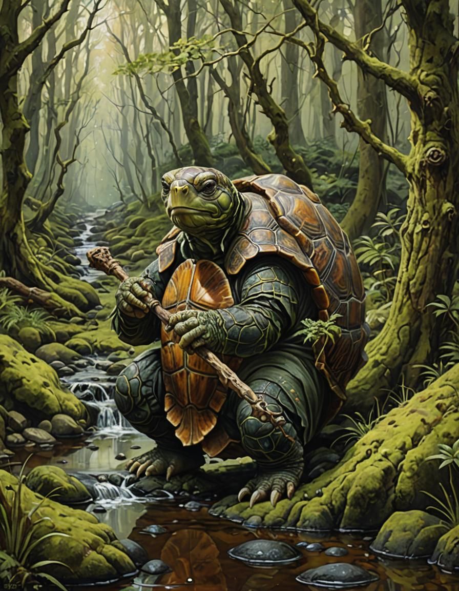 Tortoise Druid in Forest Oil Painting