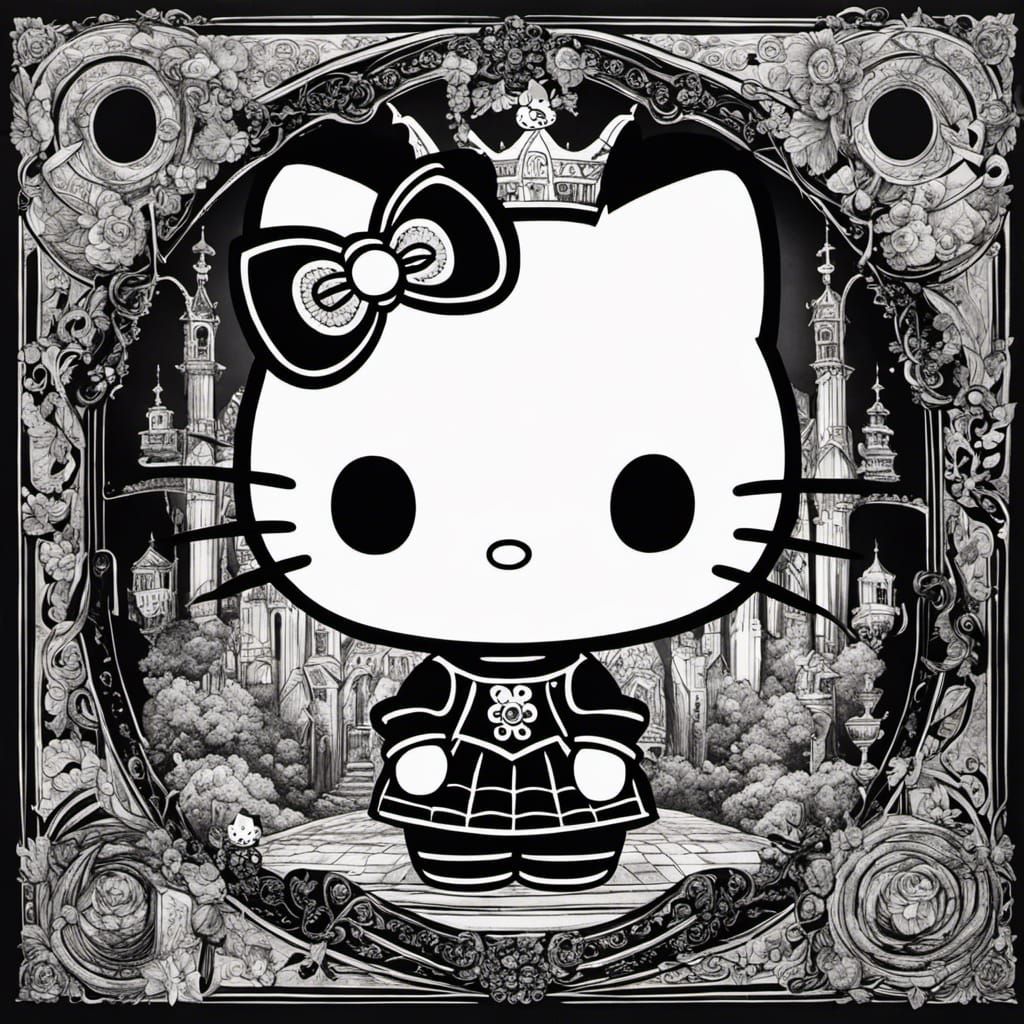Gothic Hello Kitty: Black and White Ink Drawing