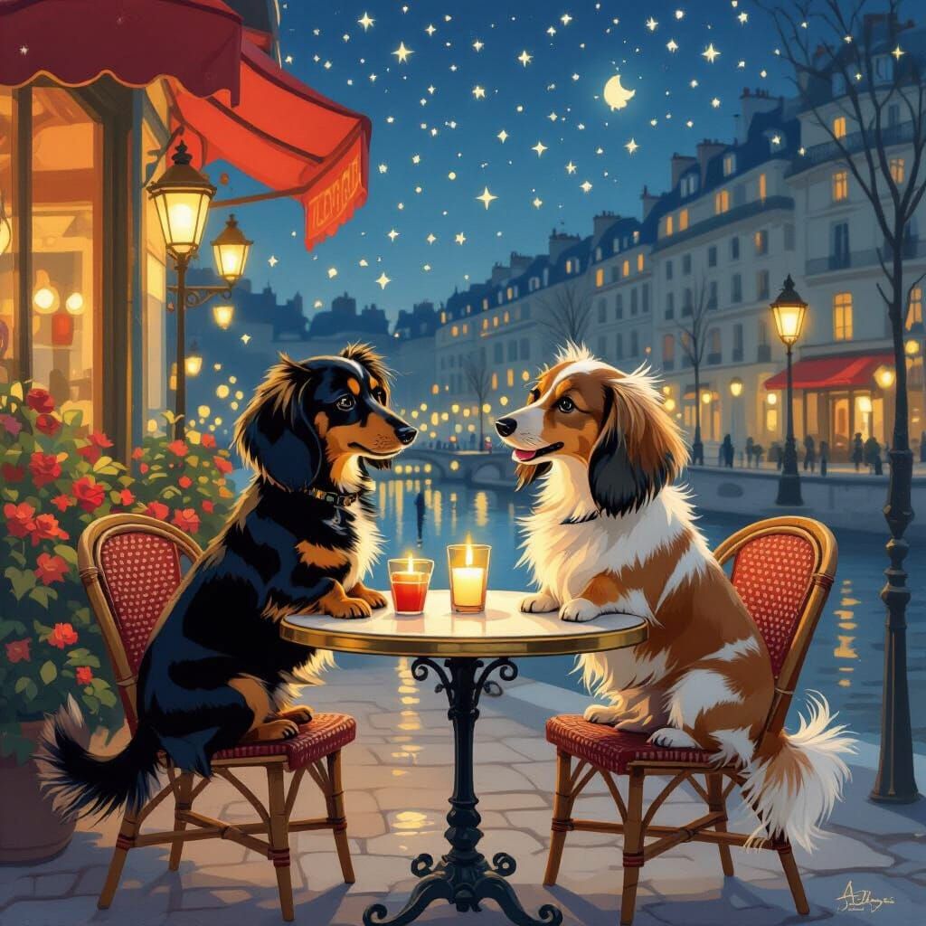 Dachshunds Enjoying a Parisian Night at Cafe de Flore