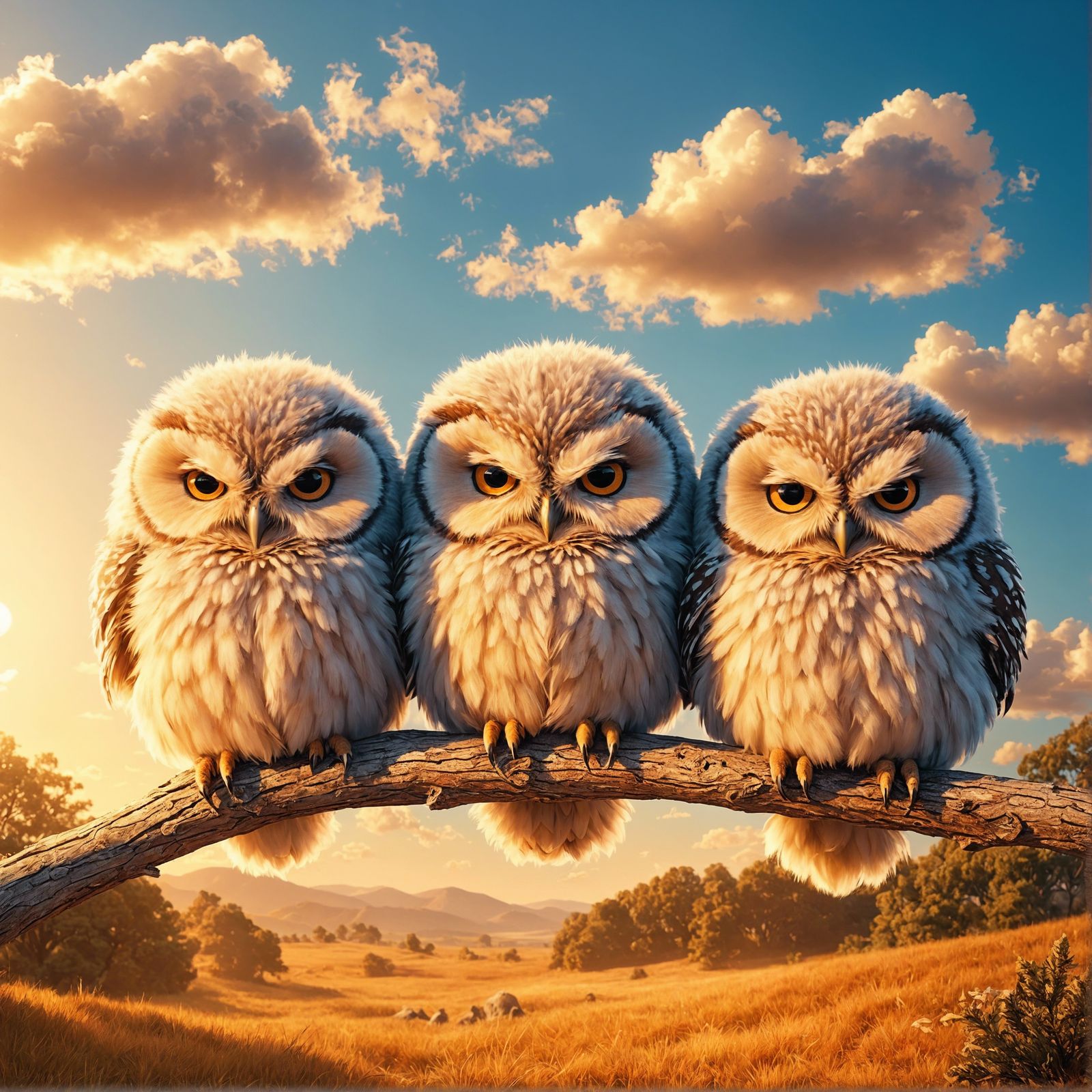 Grumpy Owls on Branch Bask in Sunlight