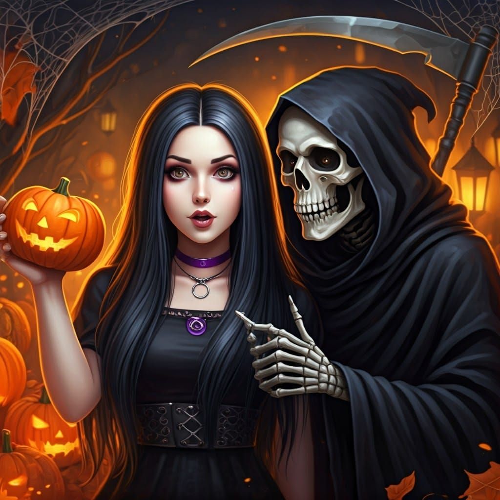 Goth girl taking a selfie with the grim Reaper