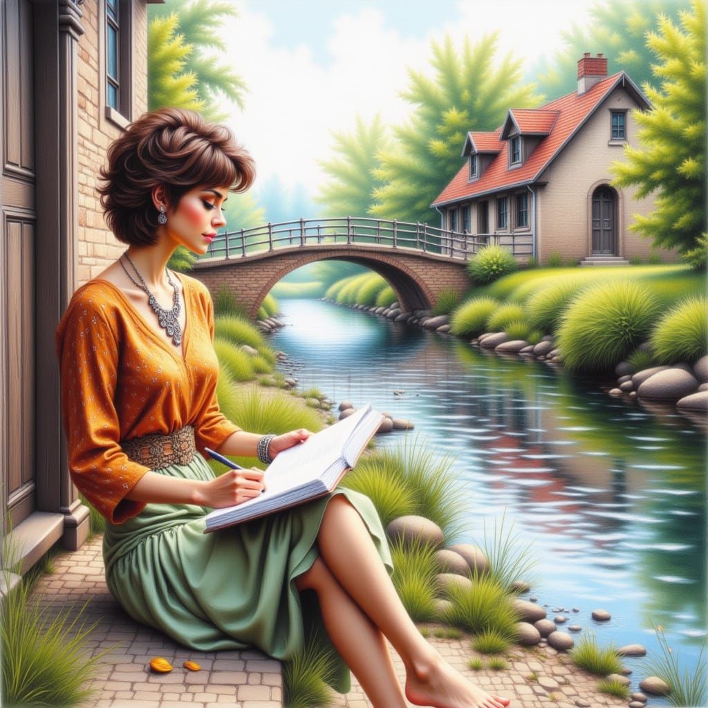 Woman Writing by River in Ethereal Watercolor Style