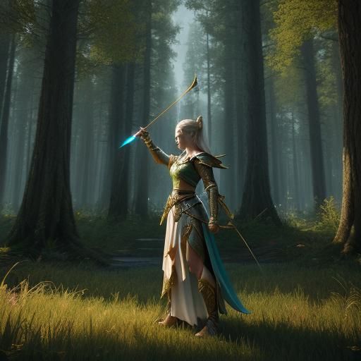 Warrior Elf Archer Woman in Oil Painting Style