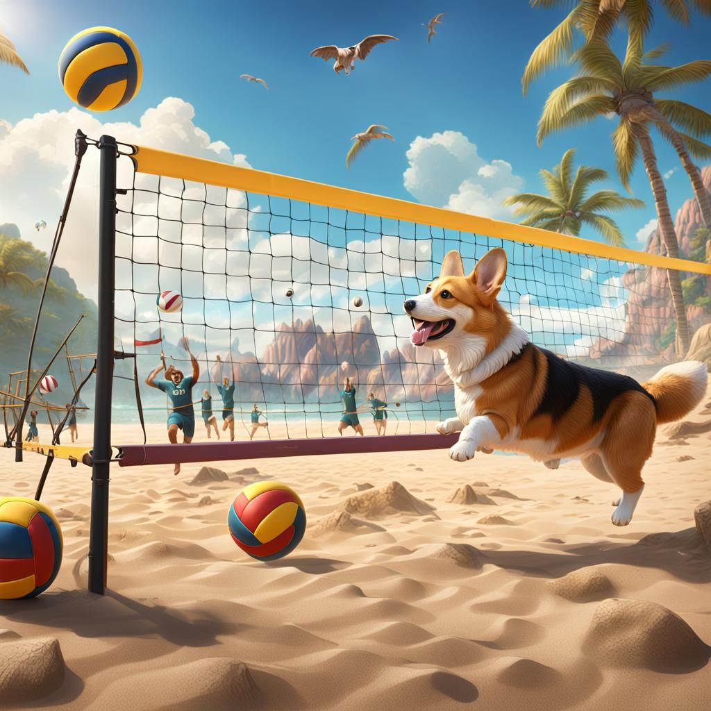 Beach Corgis Play Volleyball in Detailed Digital Art