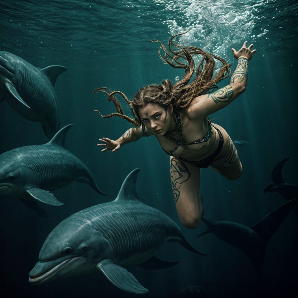 Pictish Warrior Woman Diving in Ocean Depths