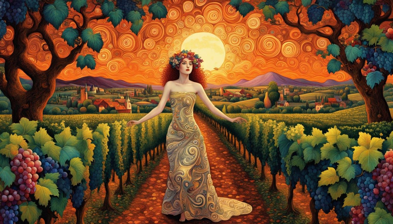 Whimsical Grape Creatures Tend Lush Vineyard