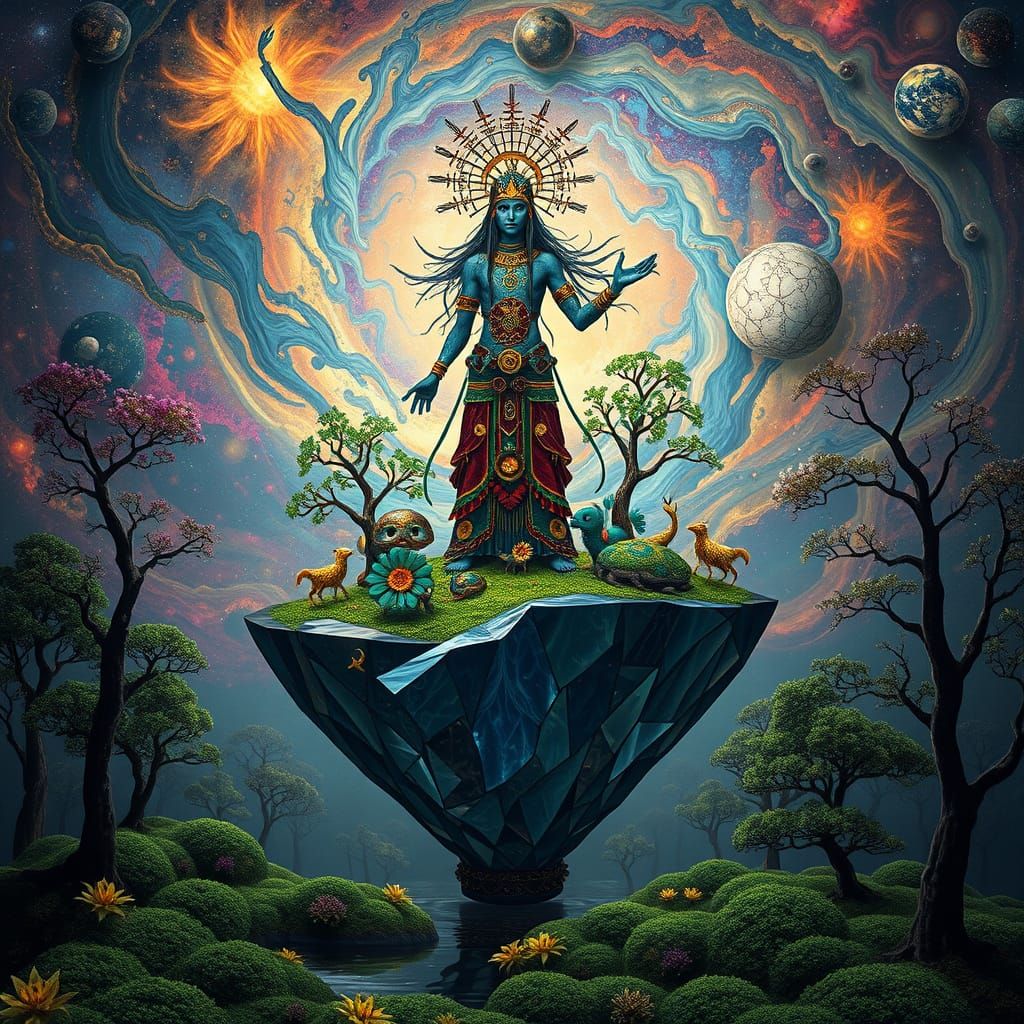Mystical Shaman on Floating Island in Surreal Style