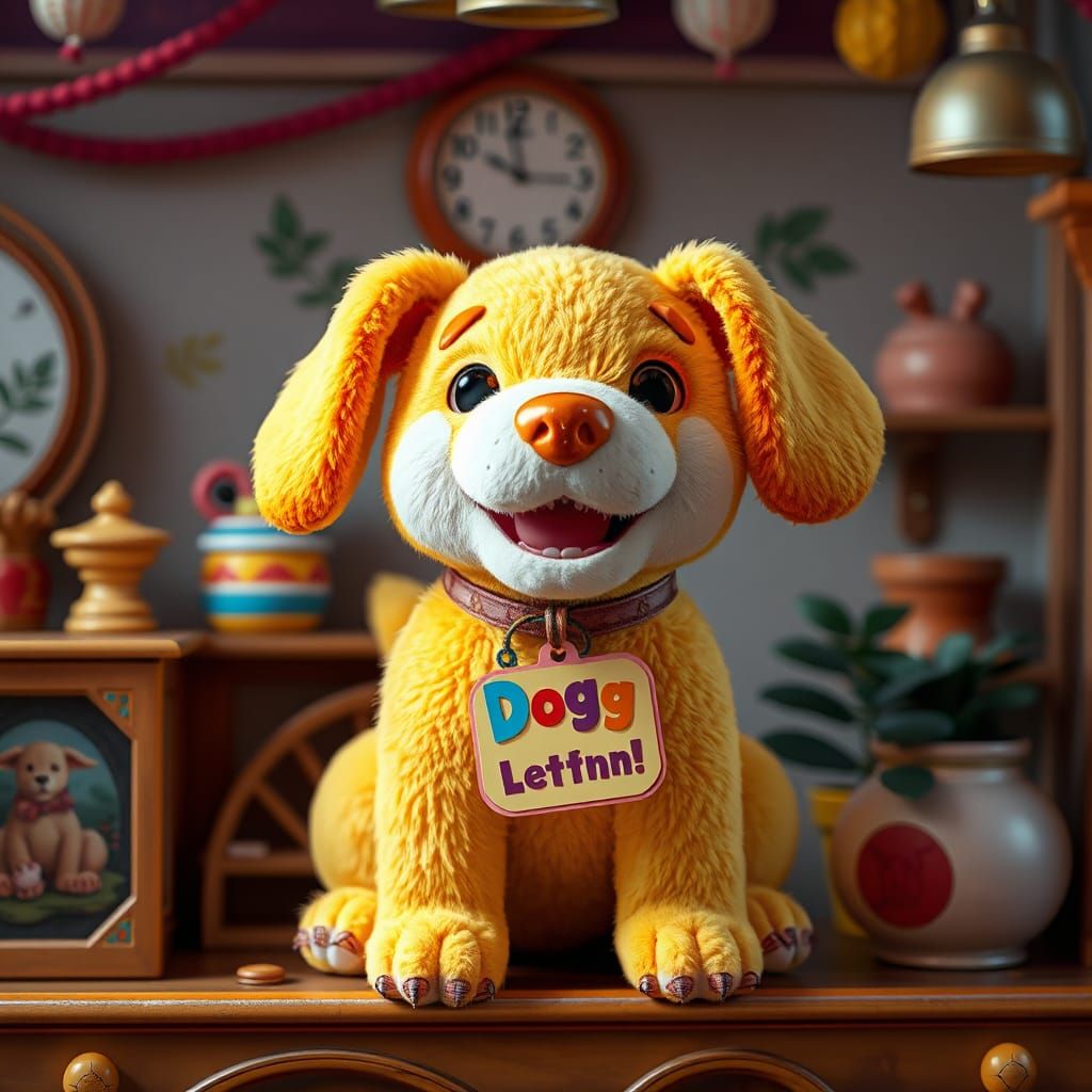 Happy Plush Dog on Shelf: Digital Matte Painting