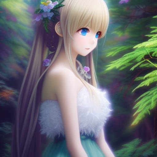 Elven Girl in Forest, Anime Style Digital Art