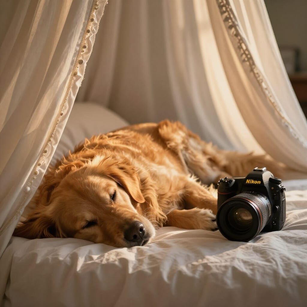Golden Retriever Wakes on Luxury Canopy Bed