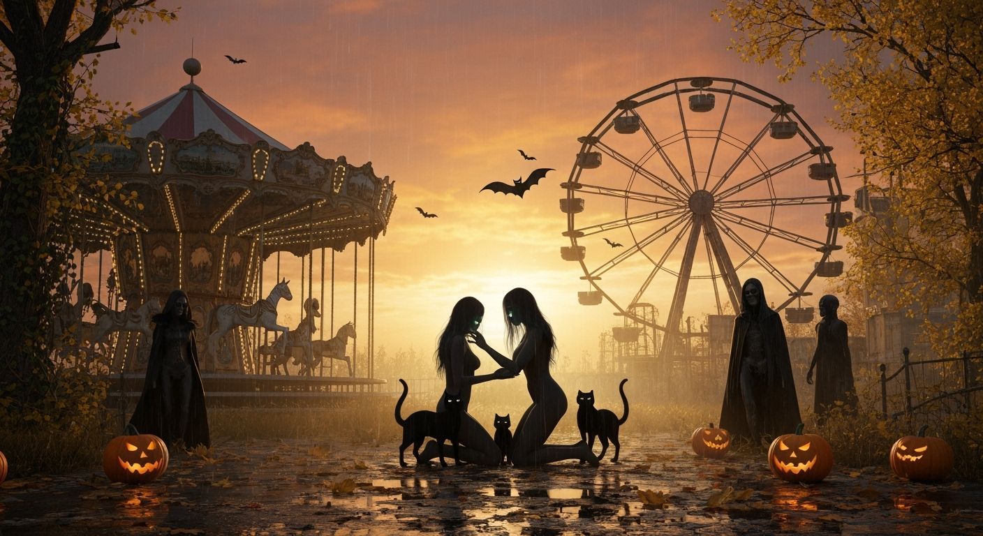 Mystical Ghost Woman and Black Cats at Haunted Luna Park Sun...