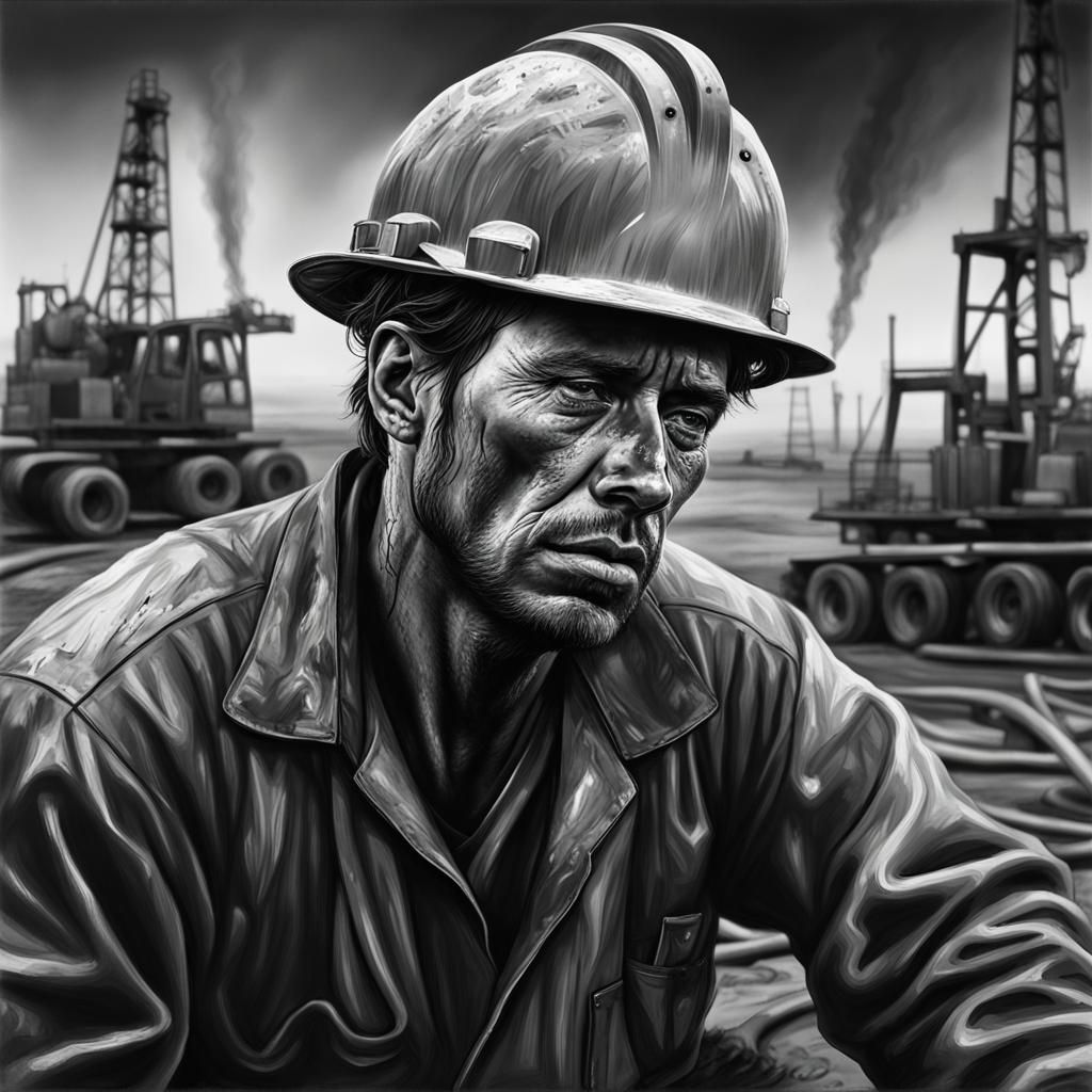 Tired Worker in Oil Field, Hyperrealistic Black and White Po...