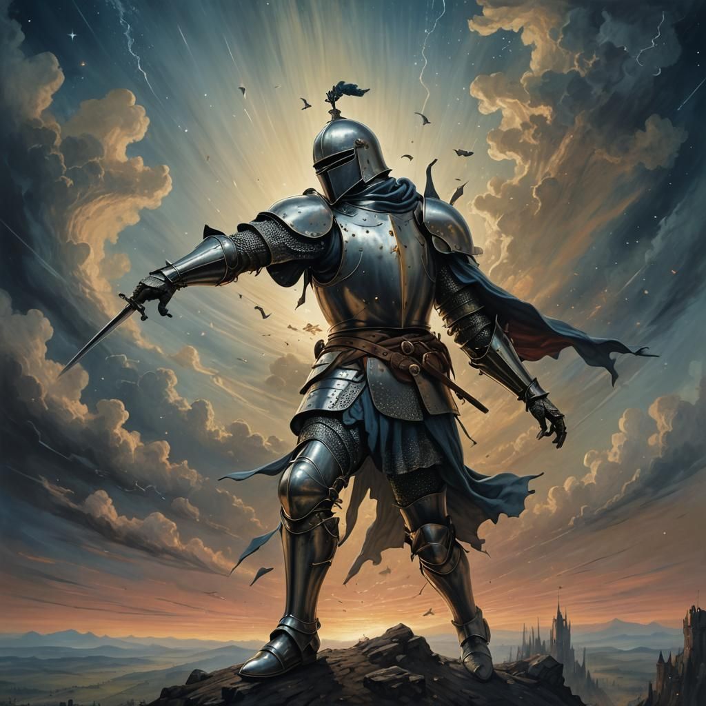 Surreal Knight Falling Through Twilight Sky