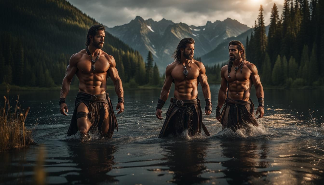 Handsome Mustangs in Lake: Hyperrealistic Fantasy Portrait