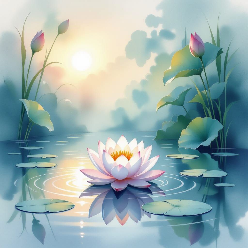 Zen Garden at Dawn With Glowing Lotus Flower