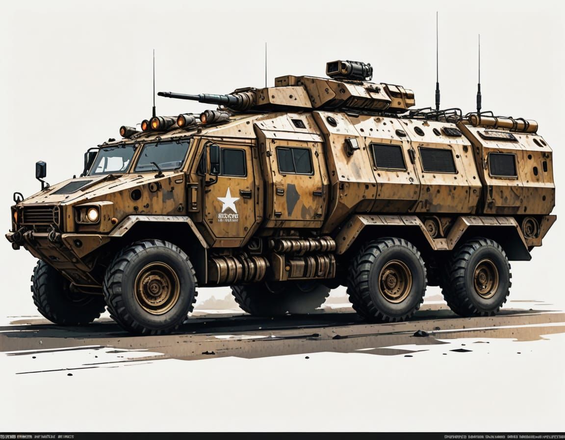 armored transport, Futuristic concept art. Medium shot. Realistic sci-fi armored troop transport six wheeled vehicle pro...