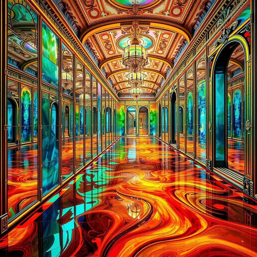 Vibrant Mirror Museum with Infinite Reflections in Op Art St...