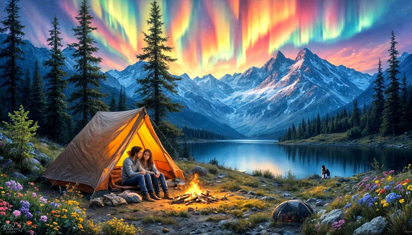 Camping Couple Under Aurora, Oil Painting