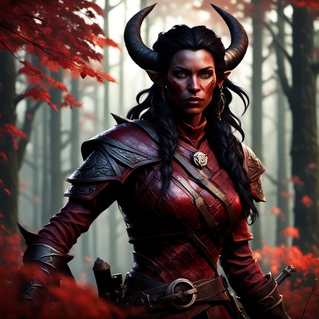 Tiefling Ranger in Forest Glade, Fantasy Art