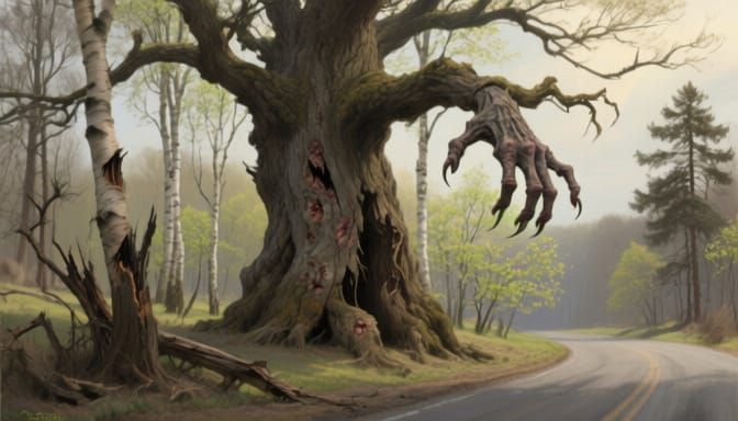 Ancient Oak Tree Defies Spring in Dramatic Oil Painting