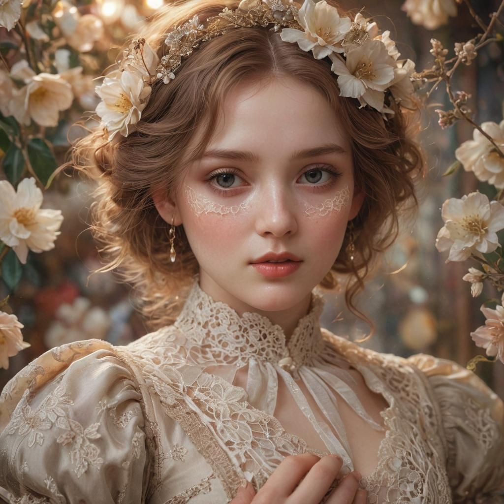 Ethereal Woman with Shattered Flowers: Pre-Raphaelite Portra...