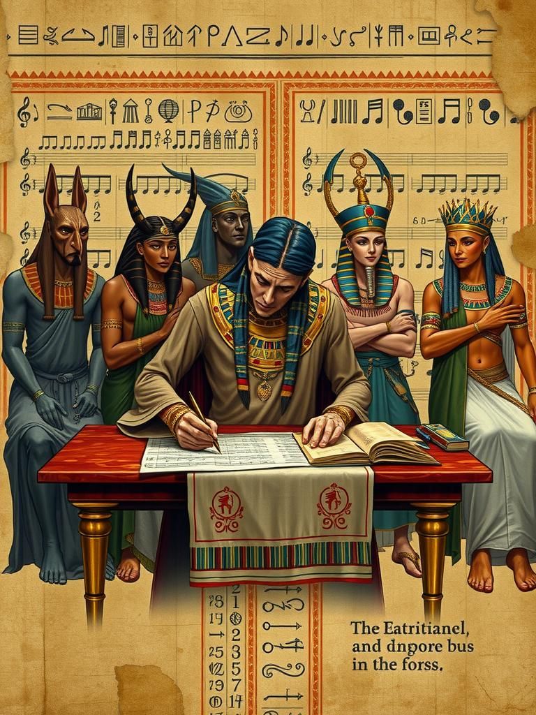 Egyptian Scribe Composing Music on Papyrus